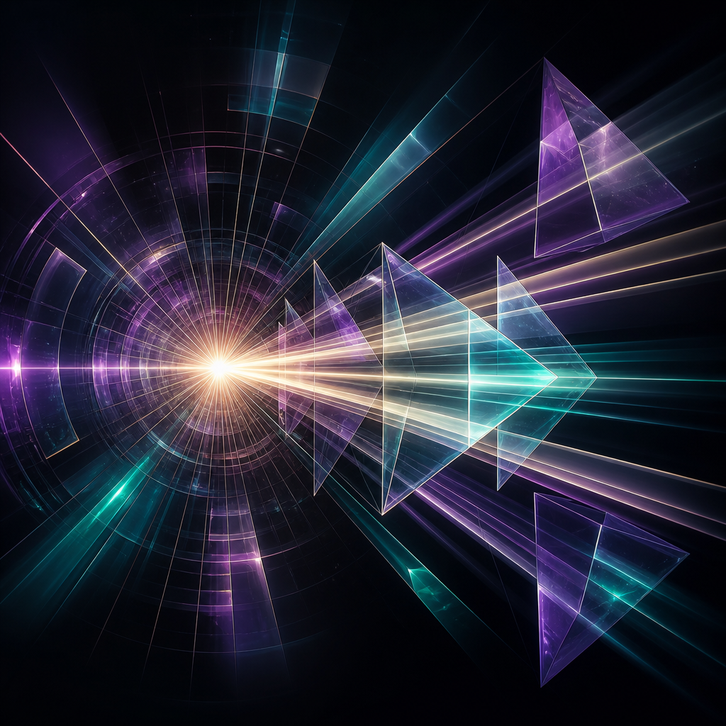 Radiating light through geometric prisms symbolizing clarity of purpose in technology marketing communication