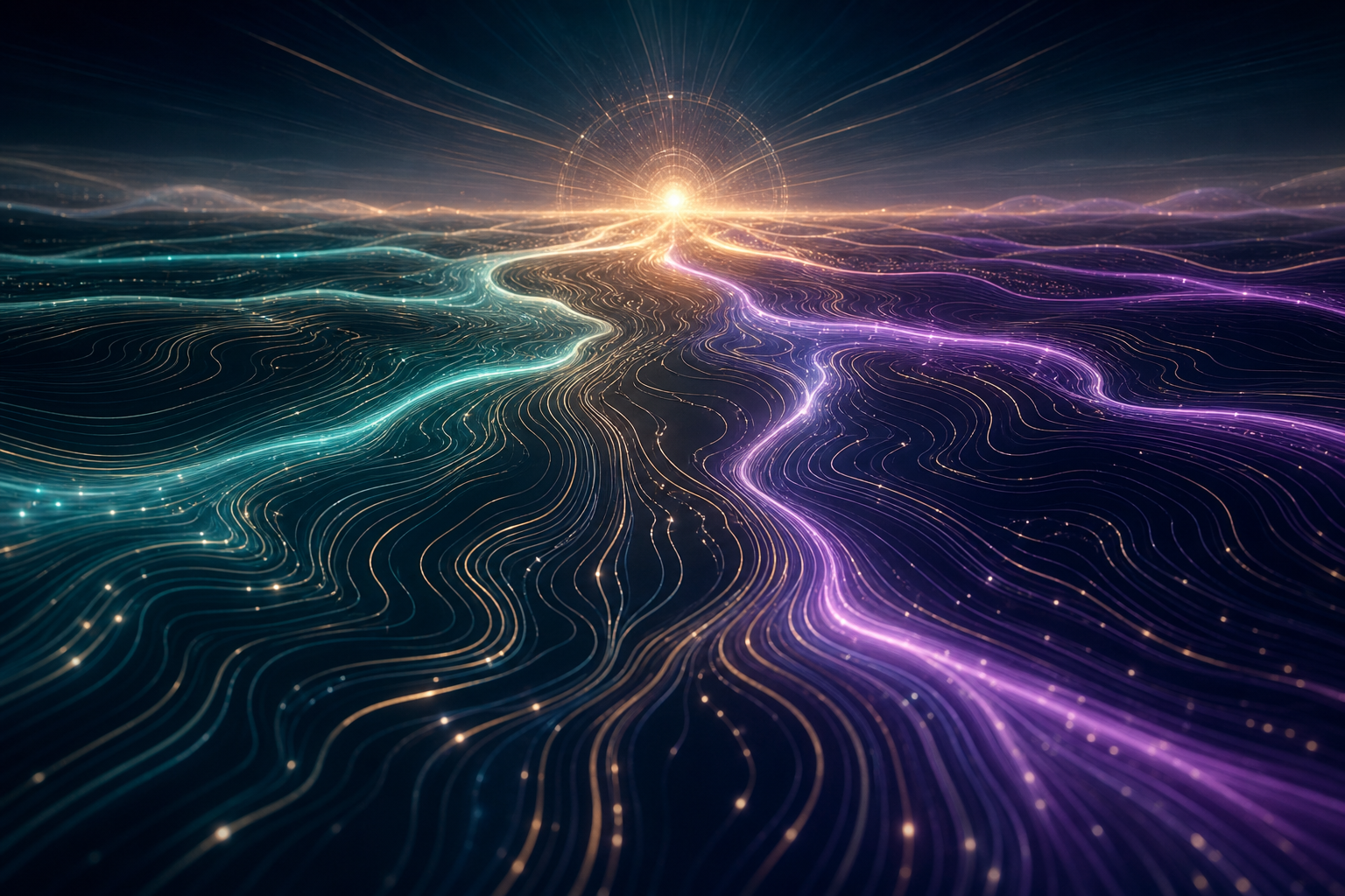 Abstract flowing terrain lines converging at a luminous horizon representing the agency's roots in Sevilla and connection to European markets