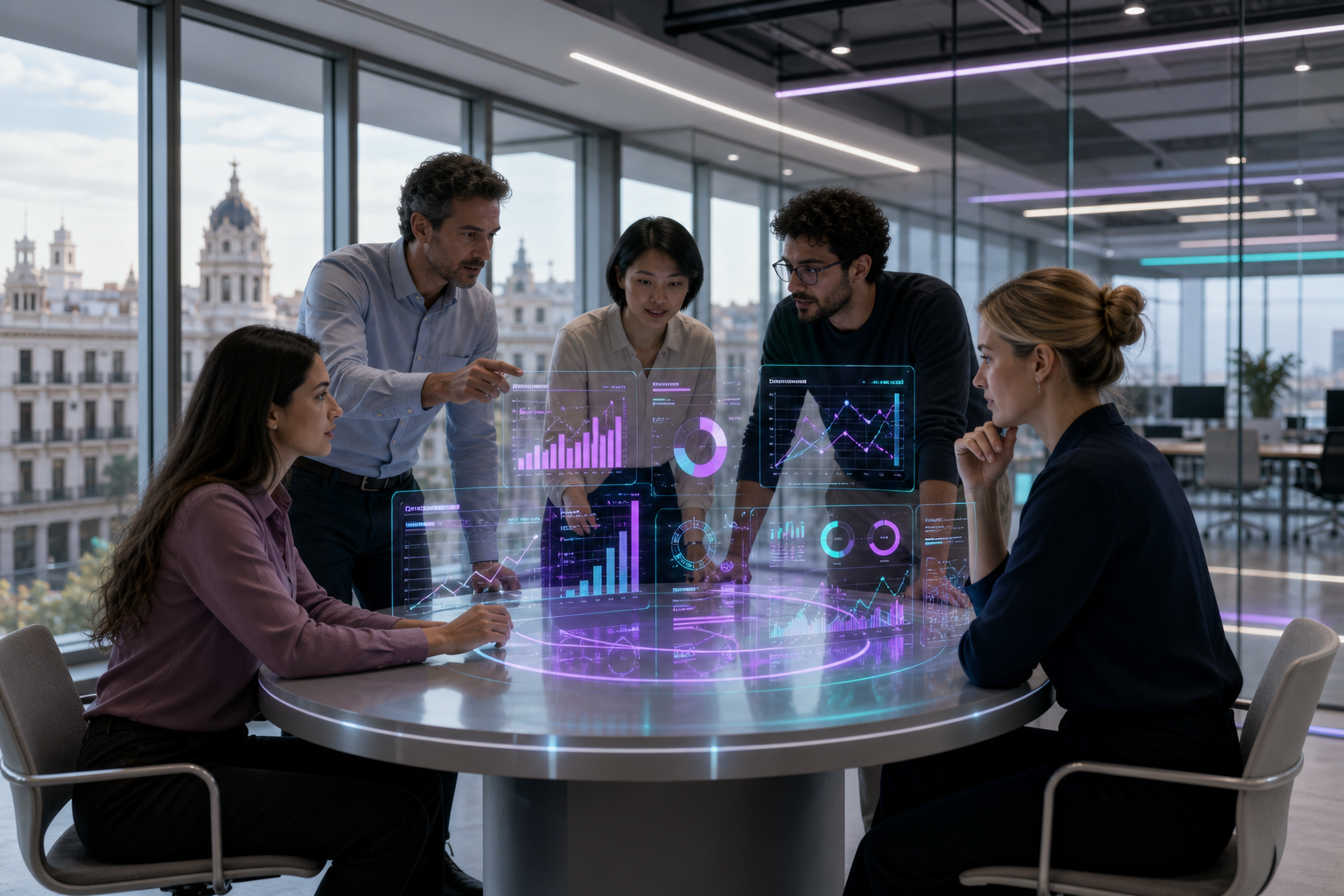 Professional team collaborating on IT marketing strategy in a modern workspace with holographic analytics displays