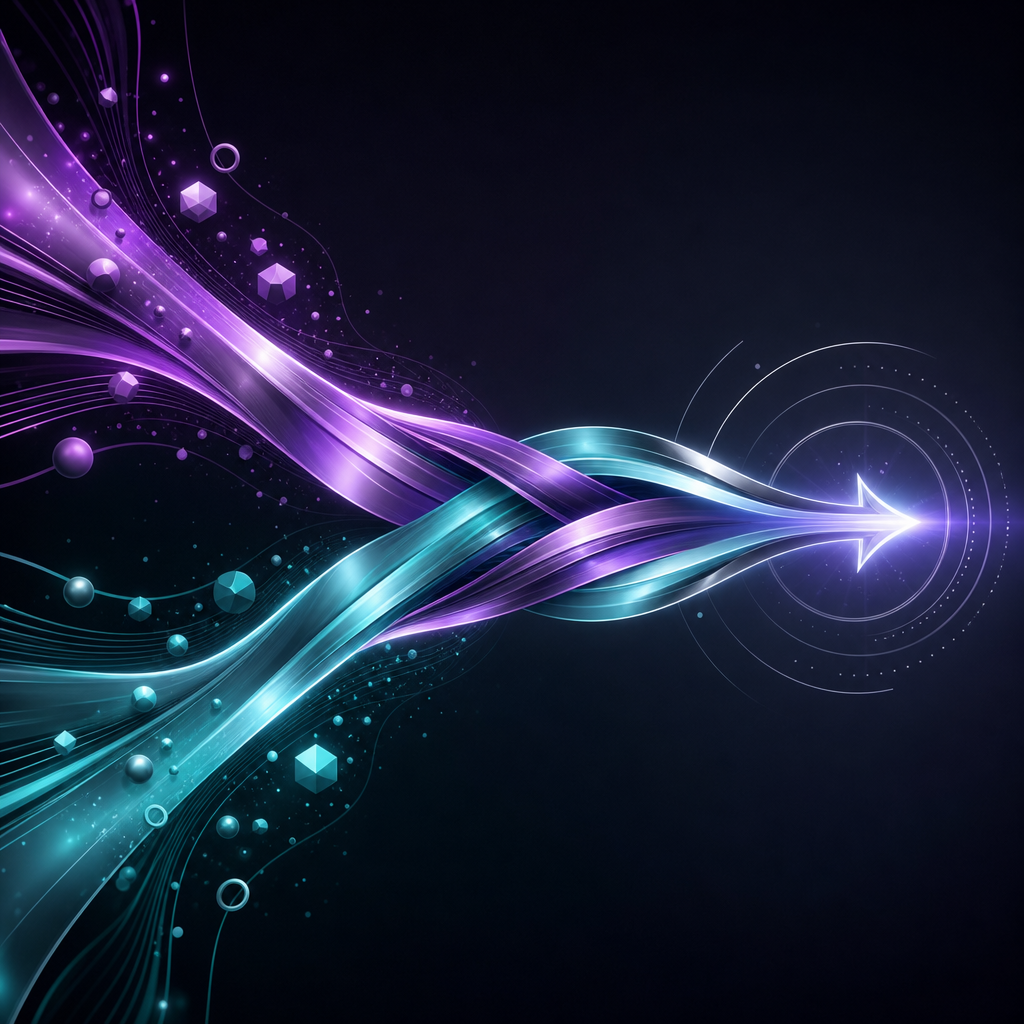 Interwoven luminous streams merging into unified output representing collaborative partnership in IT marketing