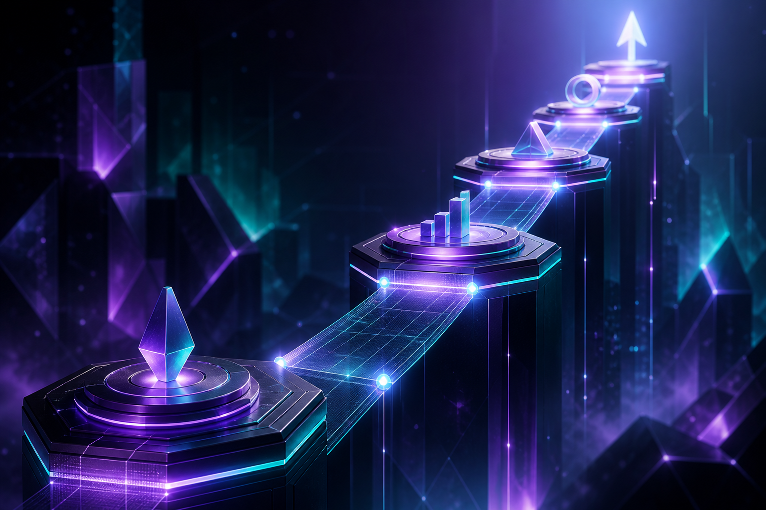 Abstract ascending pathway of luminous geometric platforms representing a structured marketing methodology for IT brands