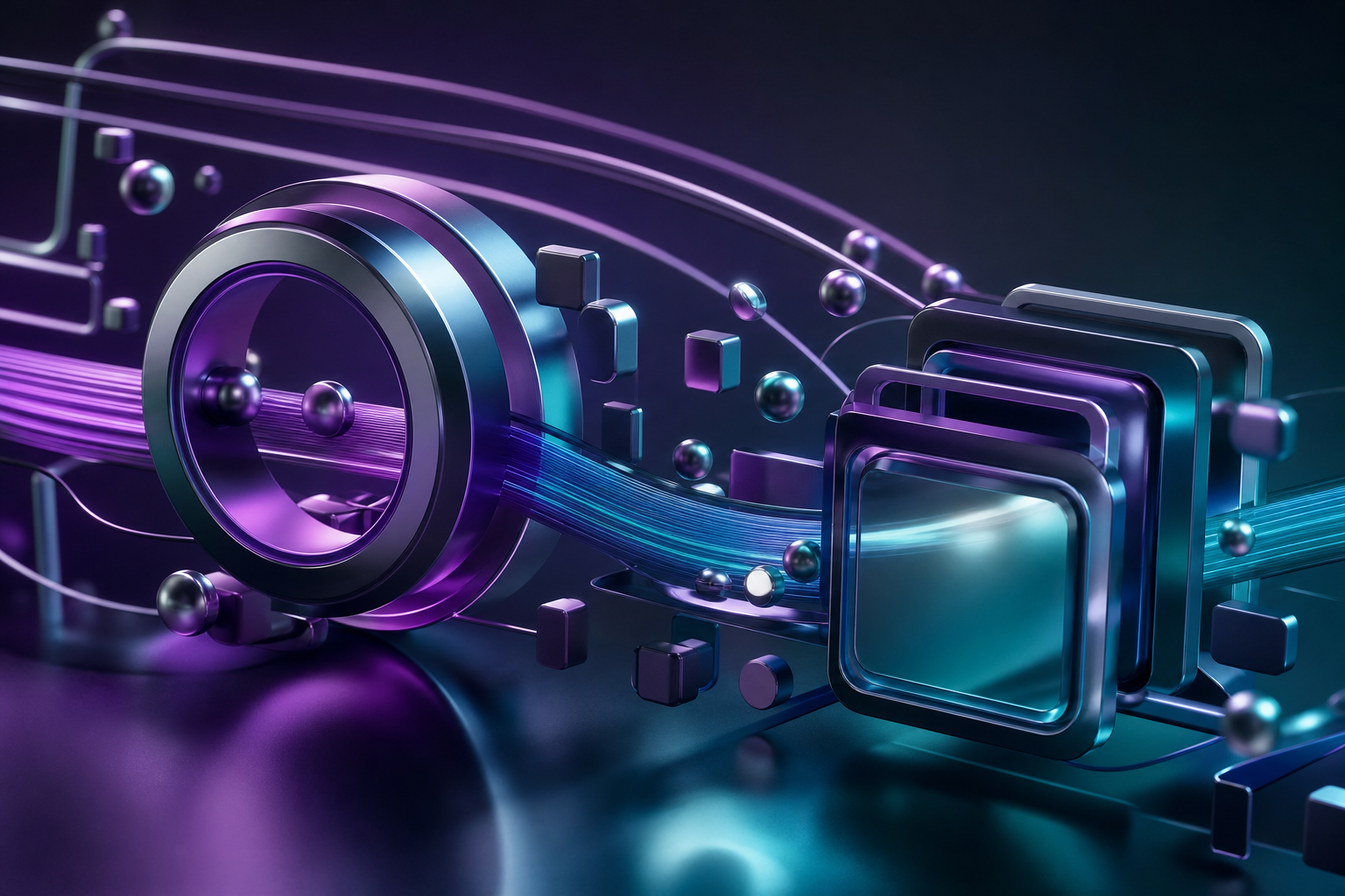 Abstract 3D metallic geometric shapes representing digital strategy and data connectivity in purple-teal tones