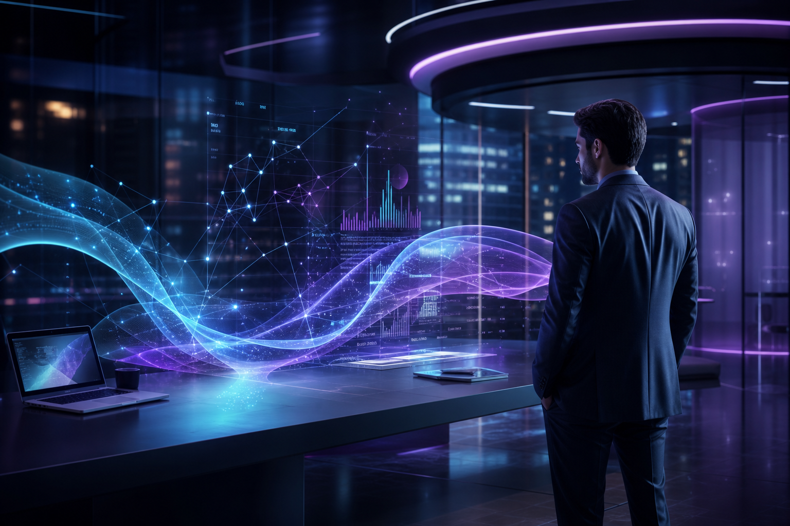 Abstract digital marketing visualization with purple and teal metallic data streams representing IT marketing innovation