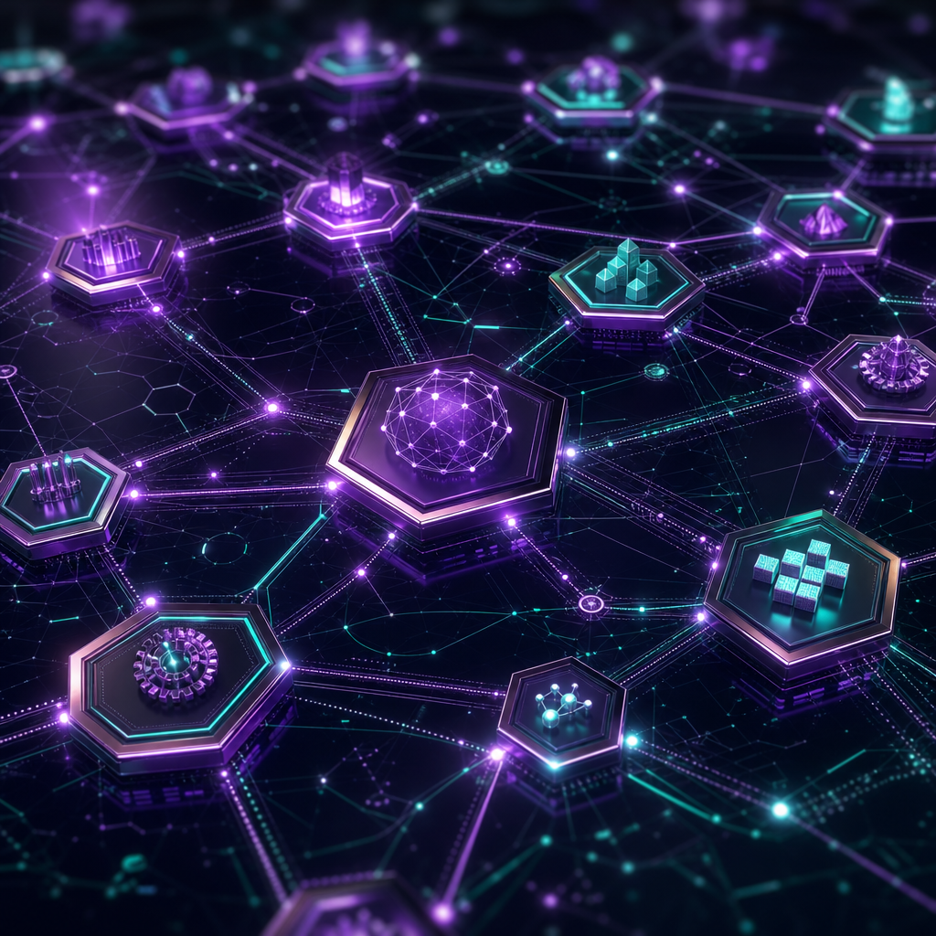 Interconnected hexagonal network nodes representing the multi-stakeholder ecosystem of IT purchasing decisions