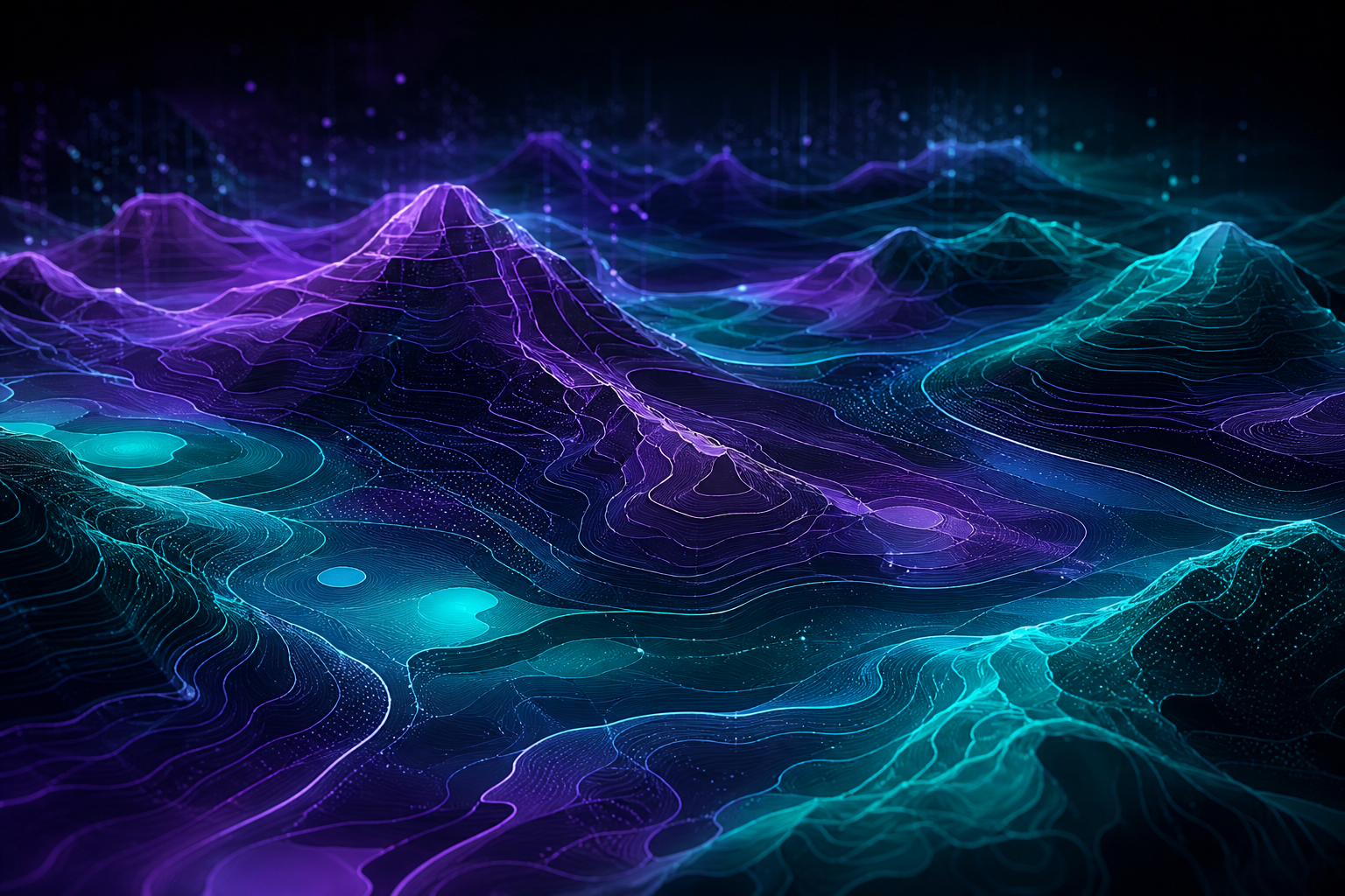 Abstract topographic digital landscape with luminous data elevation planes representing the complexity of IT marketing terrain