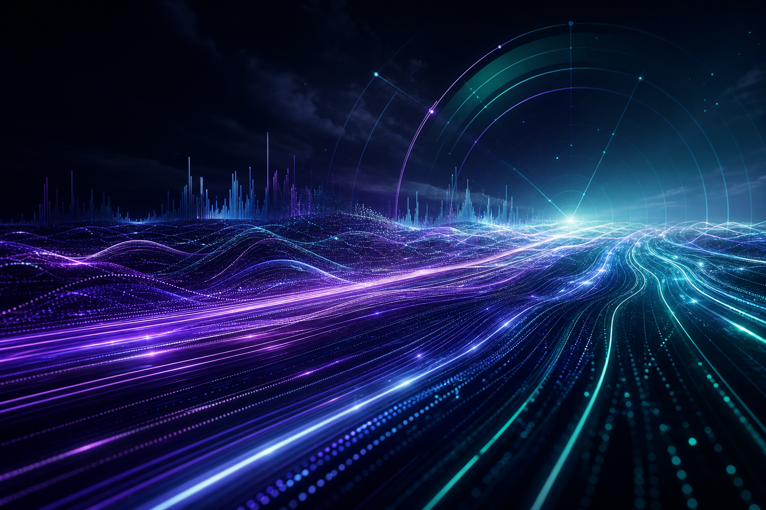 Luminous radar signal waves scanning a digital horizon representing market intelligence and emerging trends in IT marketing