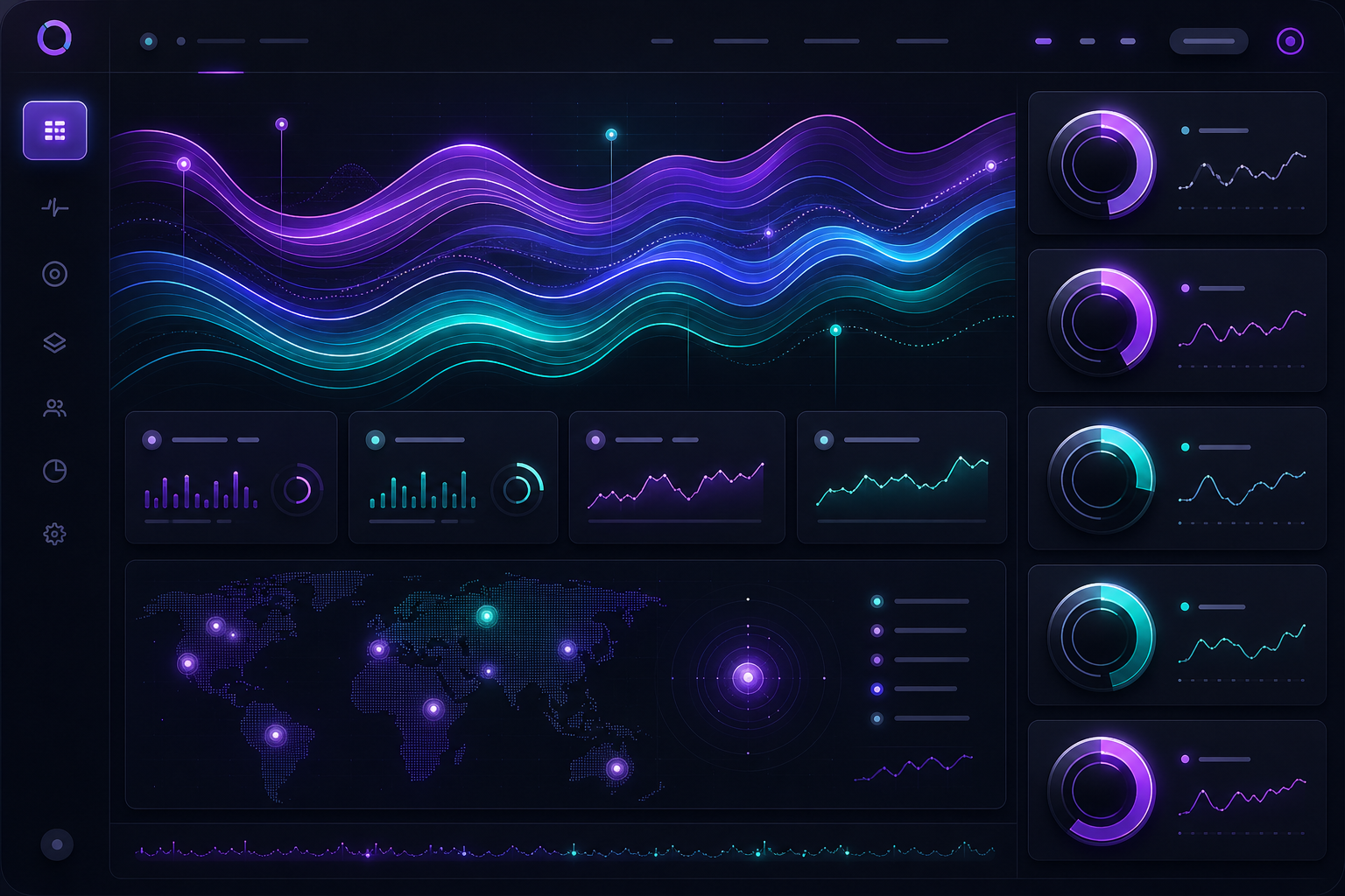 Abstract luminous dashboard panels displaying marketing performance metrics and trend analysis