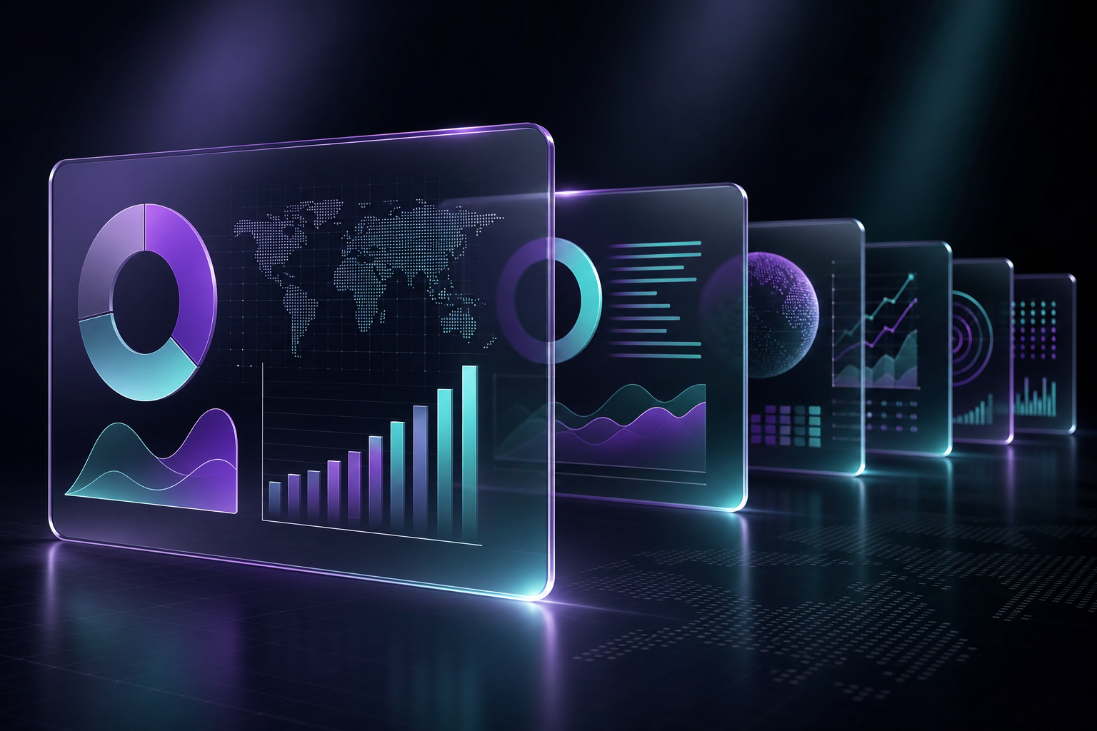 Flowing data streams converging into performance trend visualisations for marketing reporting