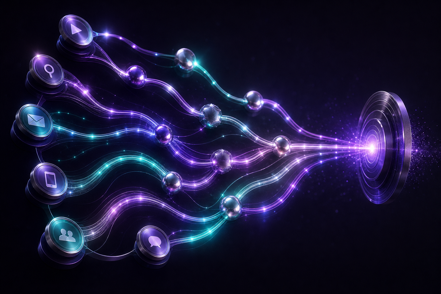 Multi-touch attribution paths crediting marketing channels along the conversion journey