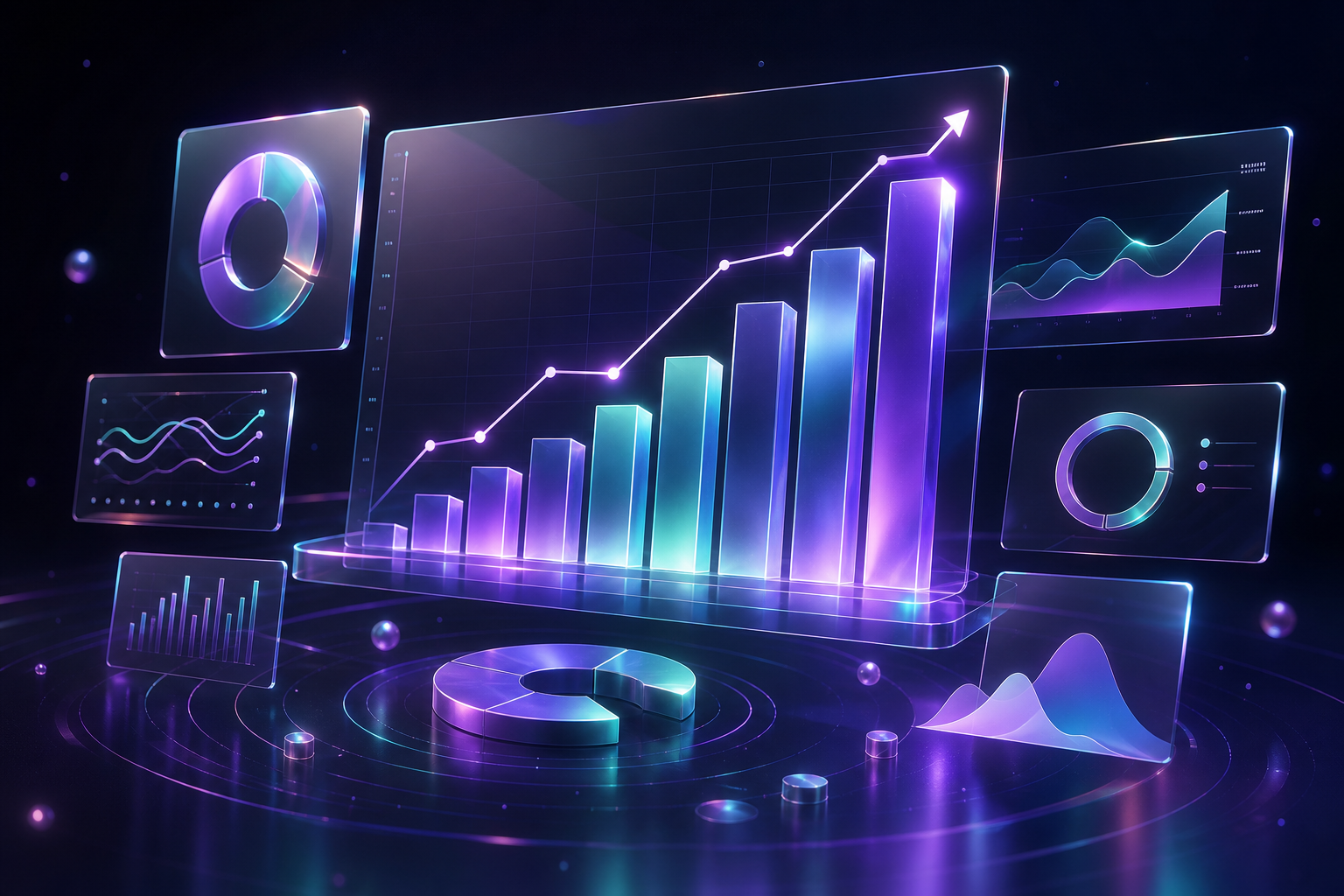 Holographic dashboard with trend lines representing marketing analytics and performance reporting
