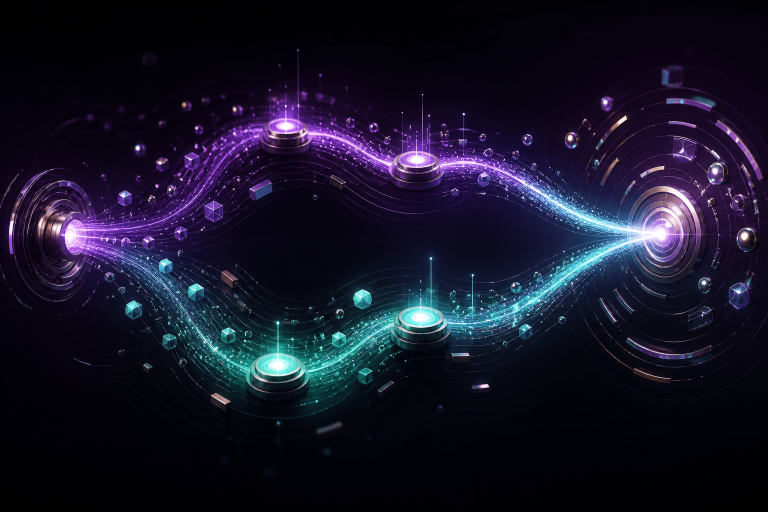 Split luminous pathways representing A/B testing and campaign optimization across digital channels