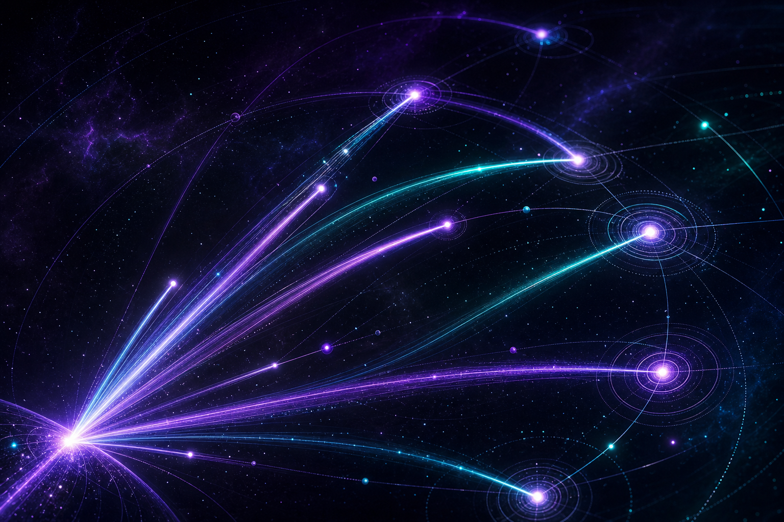 Radiant launch trajectories converging on target nodes representing digital campaign execution
