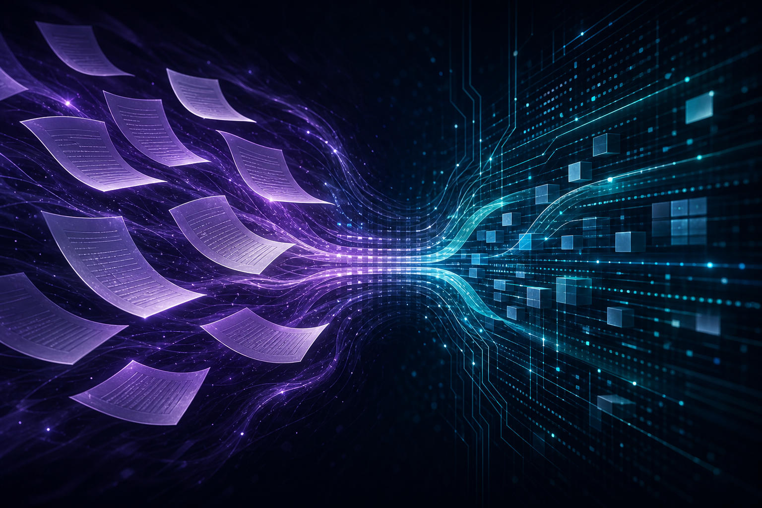 Flowing luminous documents transforming into data streams representing technical content development