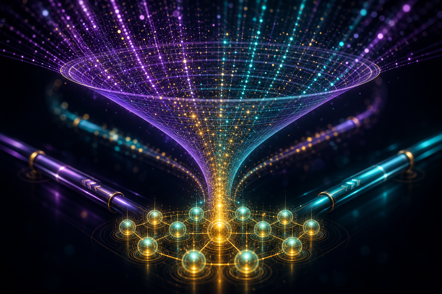 Luminous funnel filtering particles into qualified lead nodes representing lead generation systems