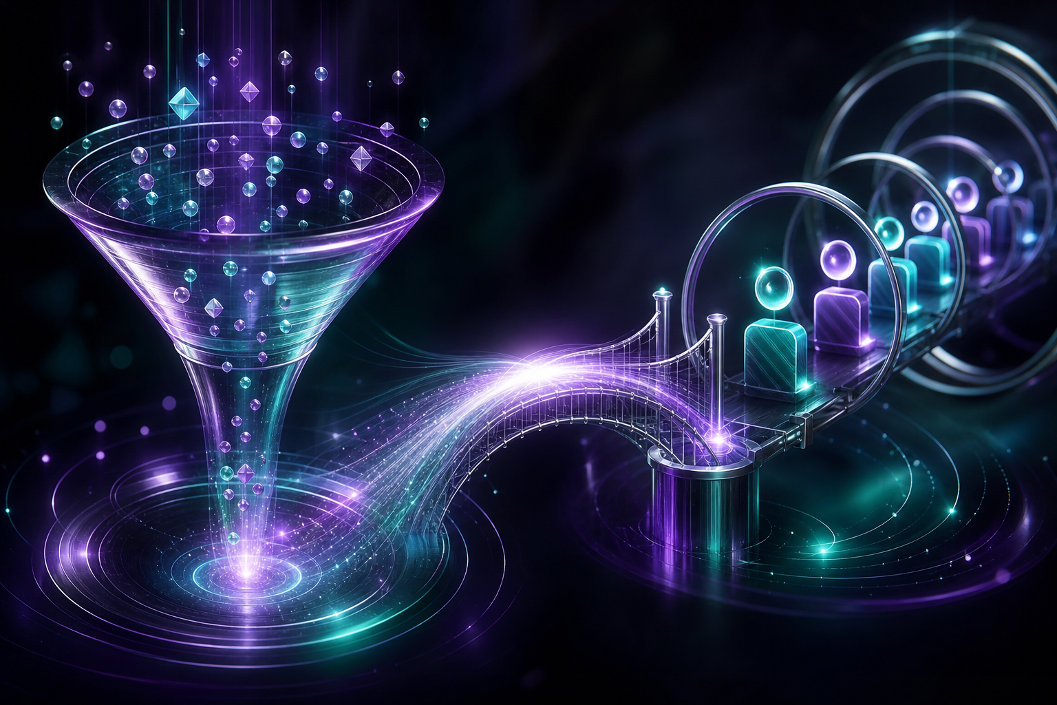 Light bridge connecting marketing funnel output to sales pipeline intake representing CRM handoff