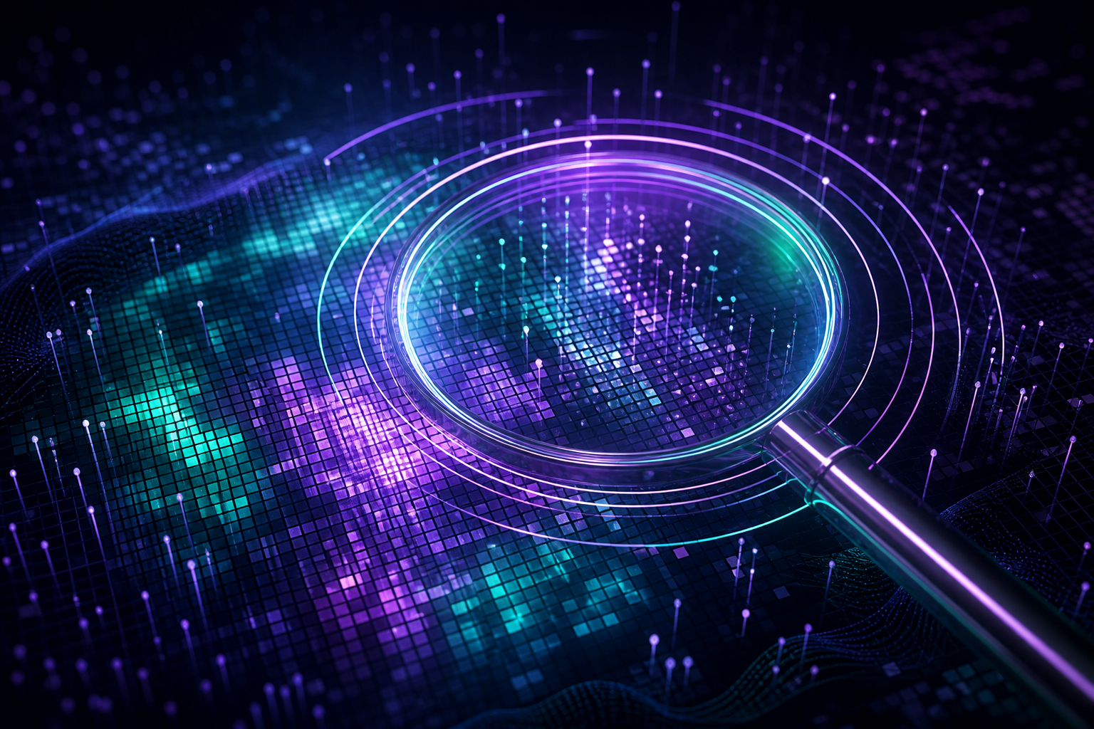 Glowing concentric rings scanning data points representing audience and market research