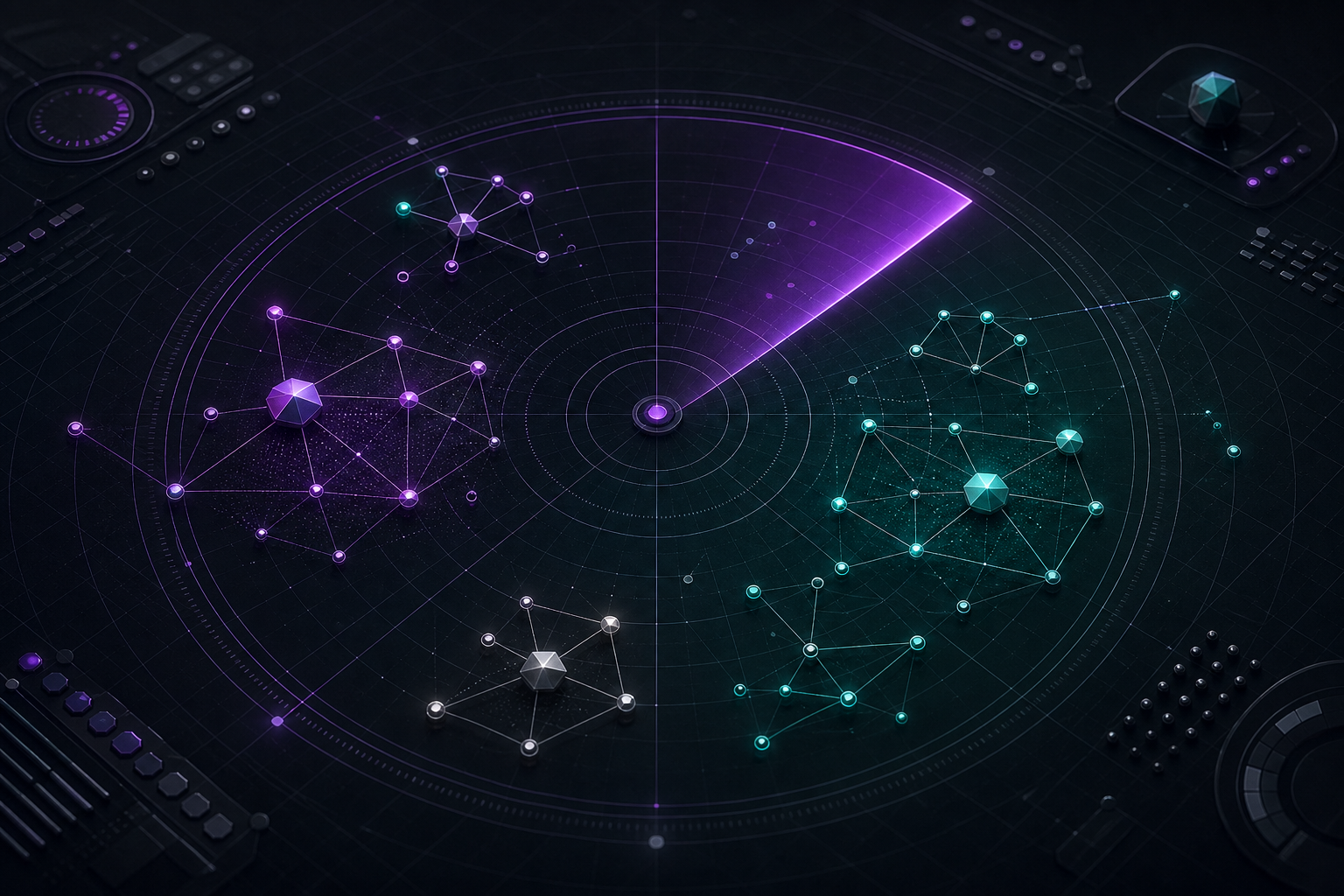 Layered analytical panels visualising competitive positioning research for technology markets