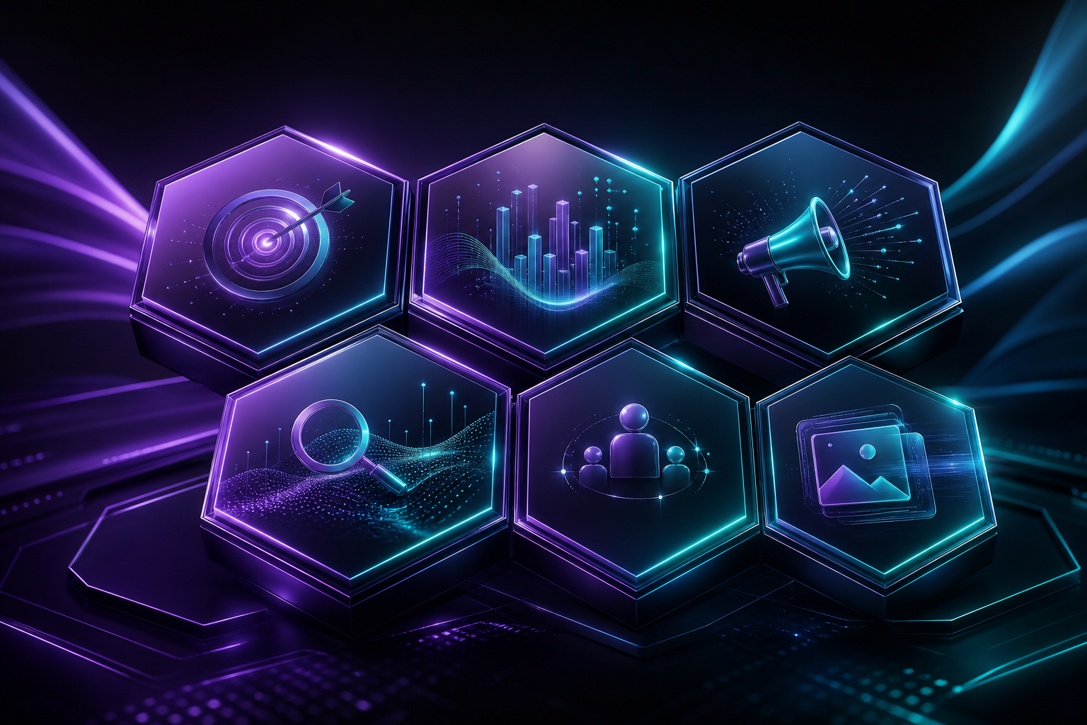 Abstract hexagonal panels representing the diverse marketing capabilities of an IT marketing agency