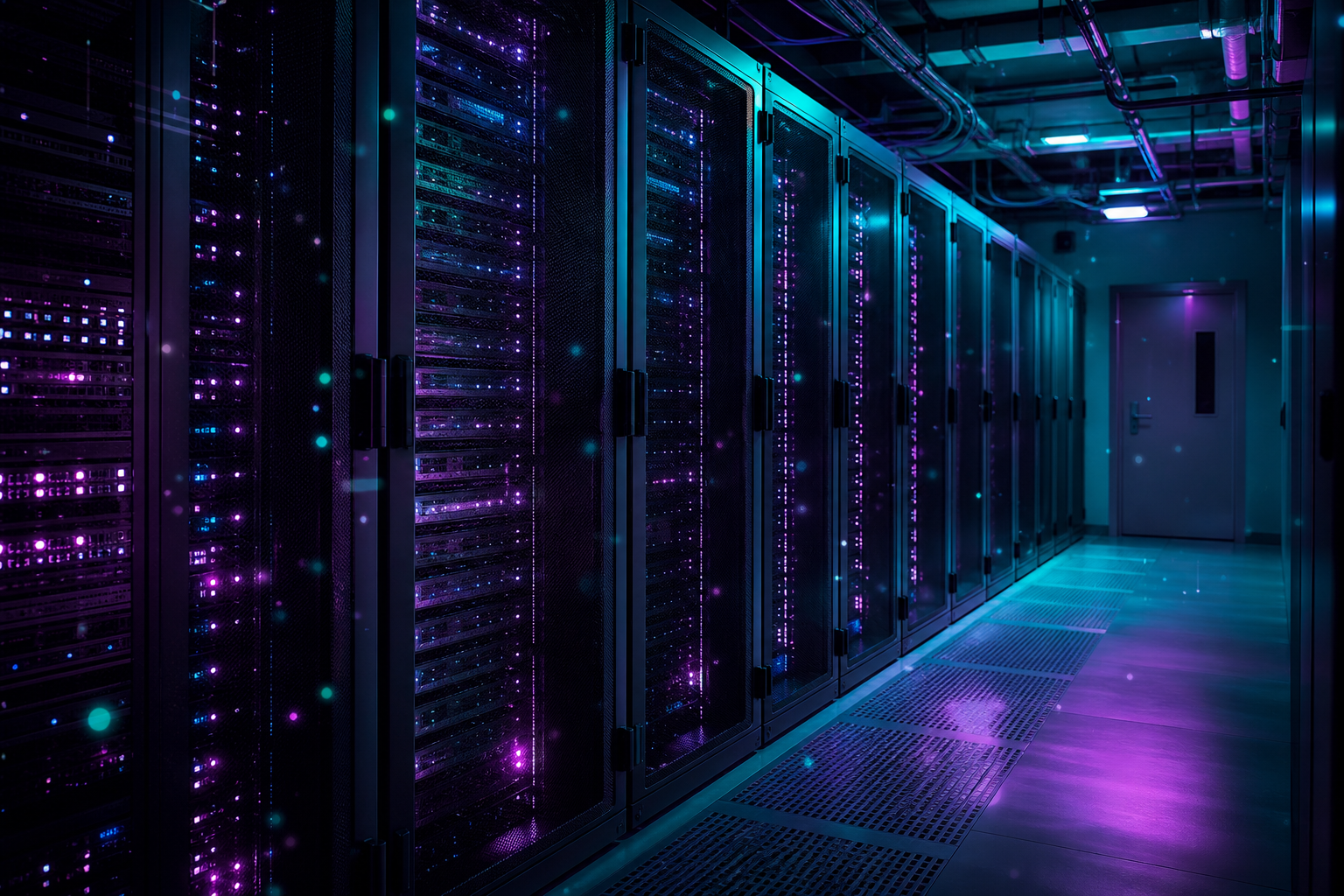 Modern data center with purple and teal ambient lighting representing IT infrastructure and digital marketing technology