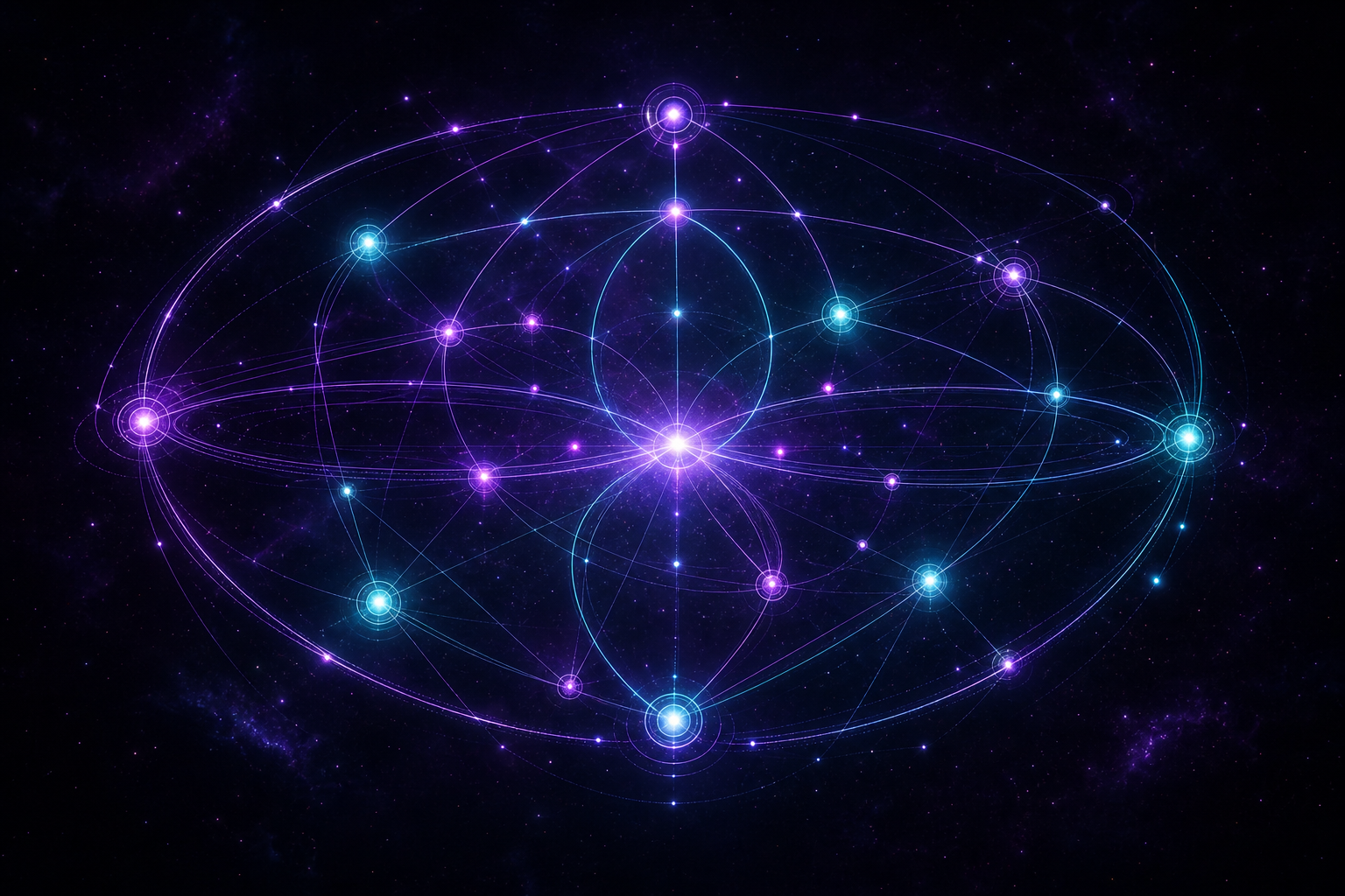 Constellation of connected orbital rings representing shared purpose and unified direction in team collaboration